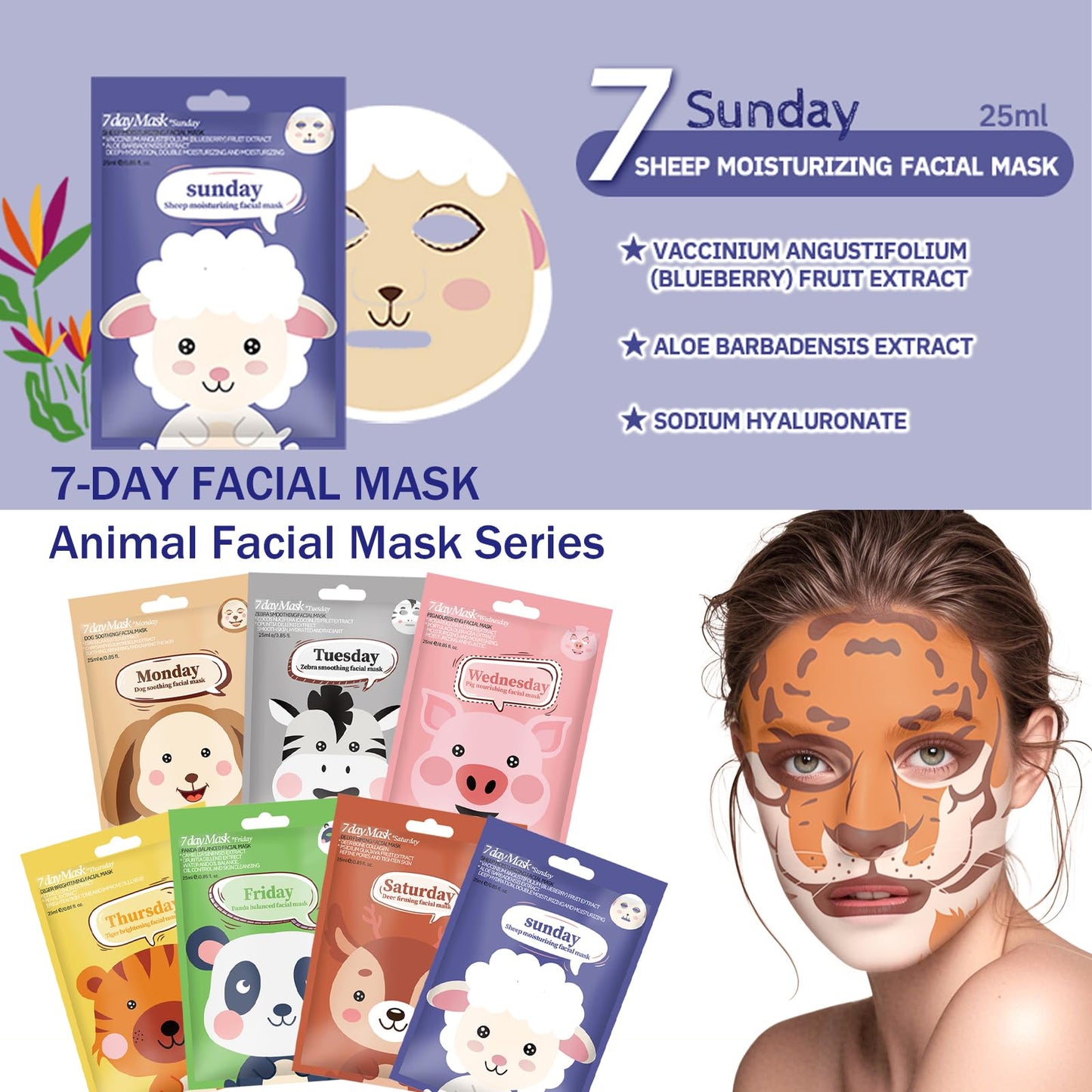Shengqialun Face Masks Skincare - 7 Sheet Face Mask - Face Mask Set Hydrating and Smoothing Improve Dullness - Fun Animal Printed Facial Mask Gifts for Teenage Girls