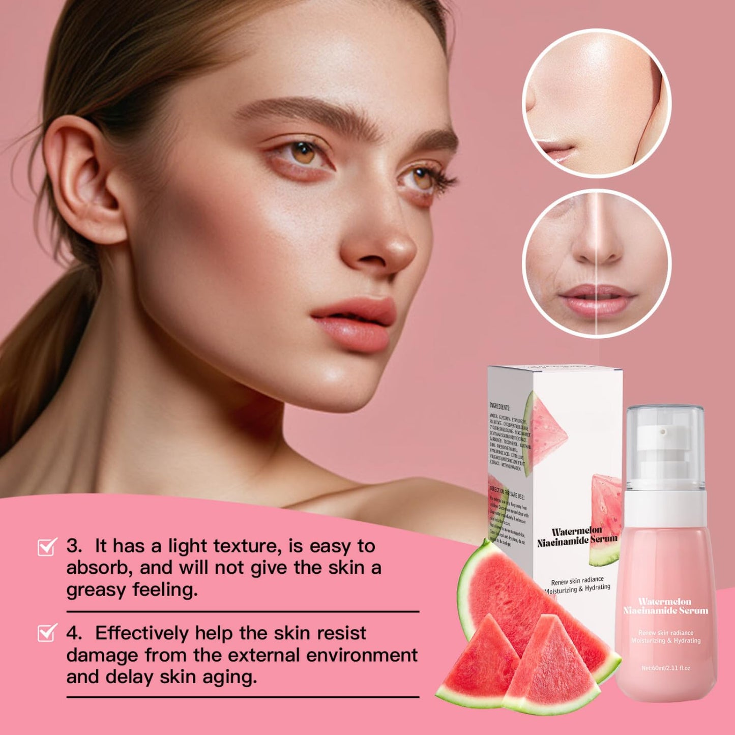Watermelon Niacinamide Serum for Hydration, Hydrating Serum with Watermelon Extract for Radiant Glow, Niacinamide Serum for Glowing Skin, Moisturising Face Serum with Watermelon to Repair and Brighten