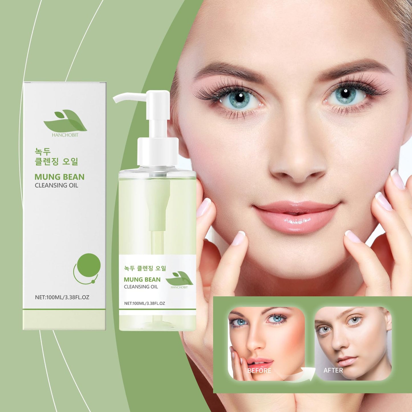 ISBEAUSOLS Korean Mung Bean Cleansing Oil - Make Up Remover - Oil Cleanser with Mung Bean Jojoba & Green Tea - Cleansing Oil For Face Remove Blackheads - Suitable for Sensitive Skin Korean Skincare