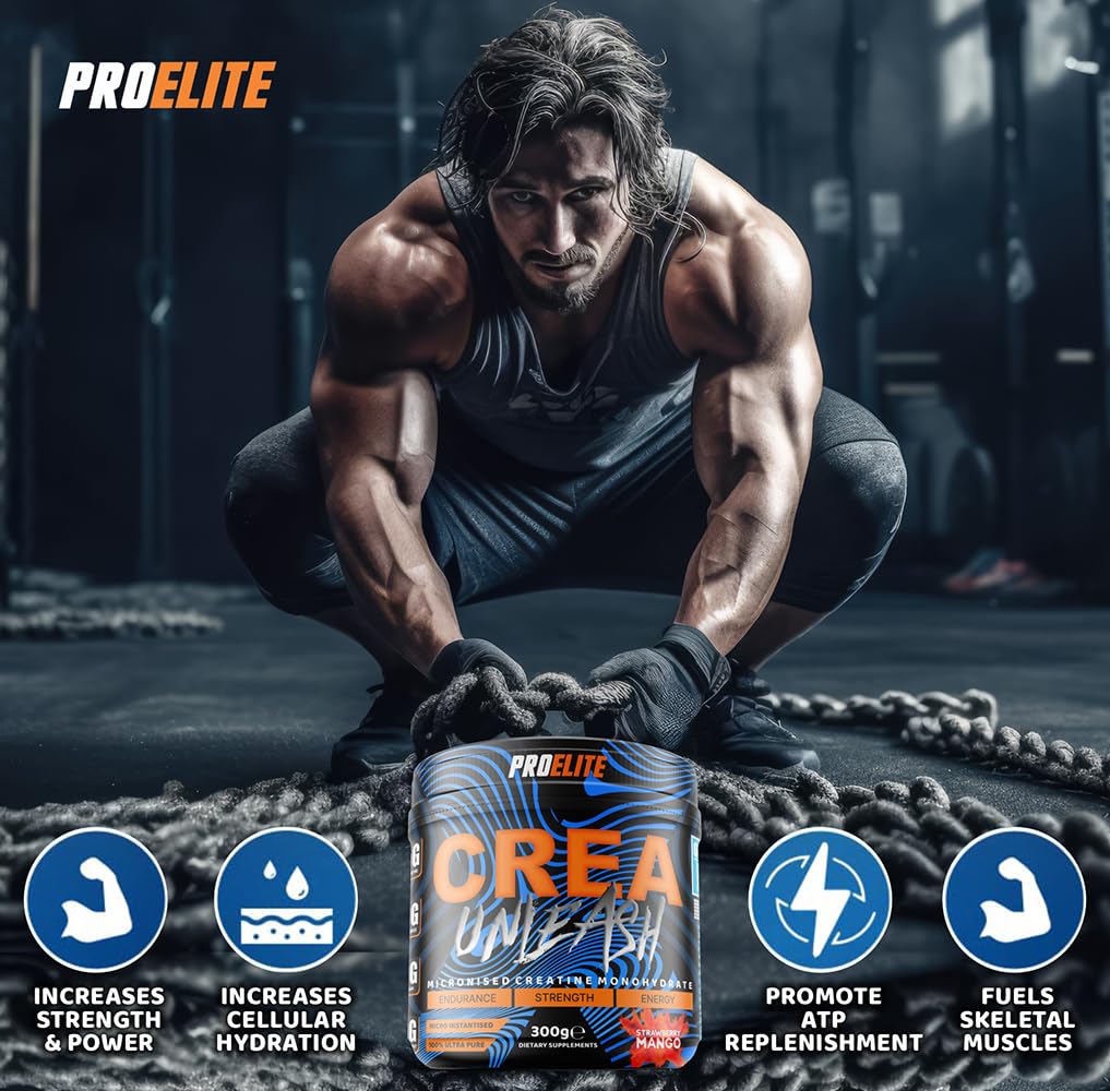 ProElite Creatine Monohydrate Powder 300g Micronised Flavoured & Vegan Creatine Powder for Post & Pre Workout Creatine Supplements by PROELITE (300g, Strawberry Mango)