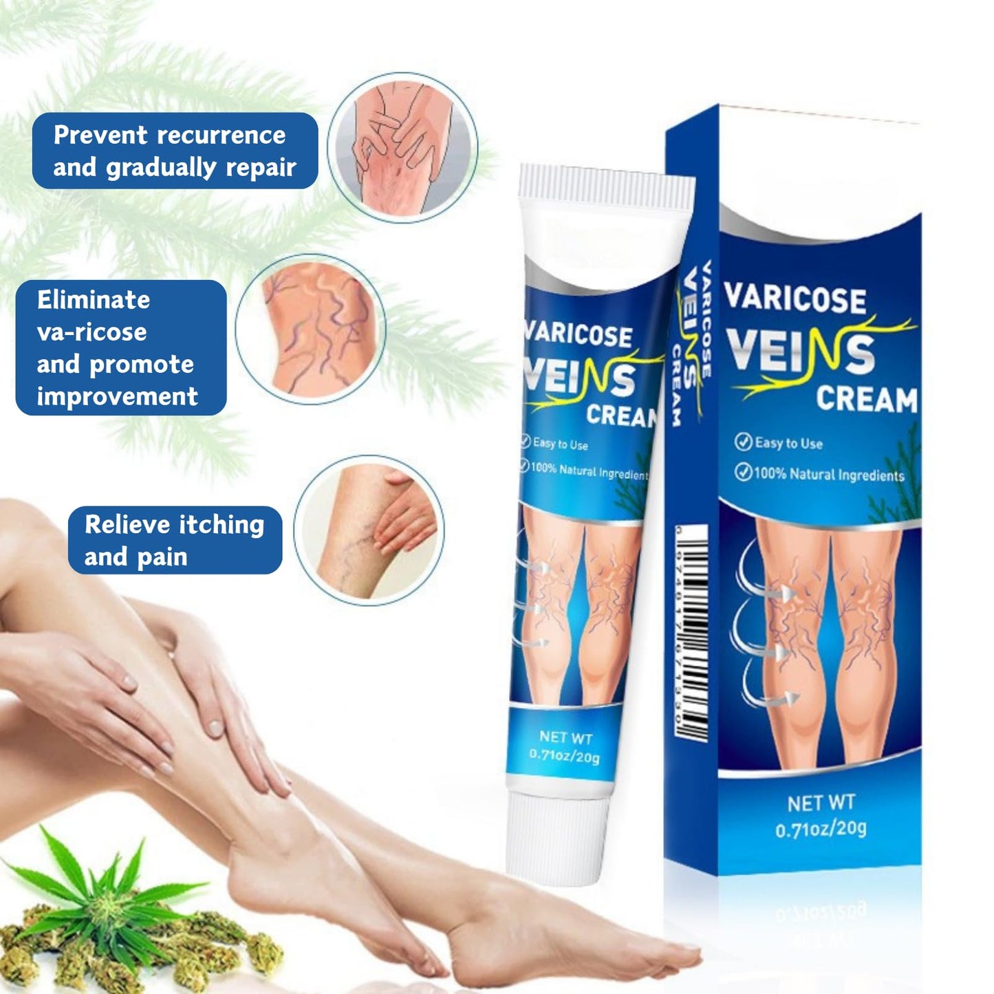 2PCS Va-ricose V-eins Cream, Va-ricose V-eins Treatment for Legs, Herbal Balm to Reduce Swelling in Feet and Legs, Spider v-eins Repair Cream for Women & Men, Vegan Legs Swelling Relief, 20g × 2