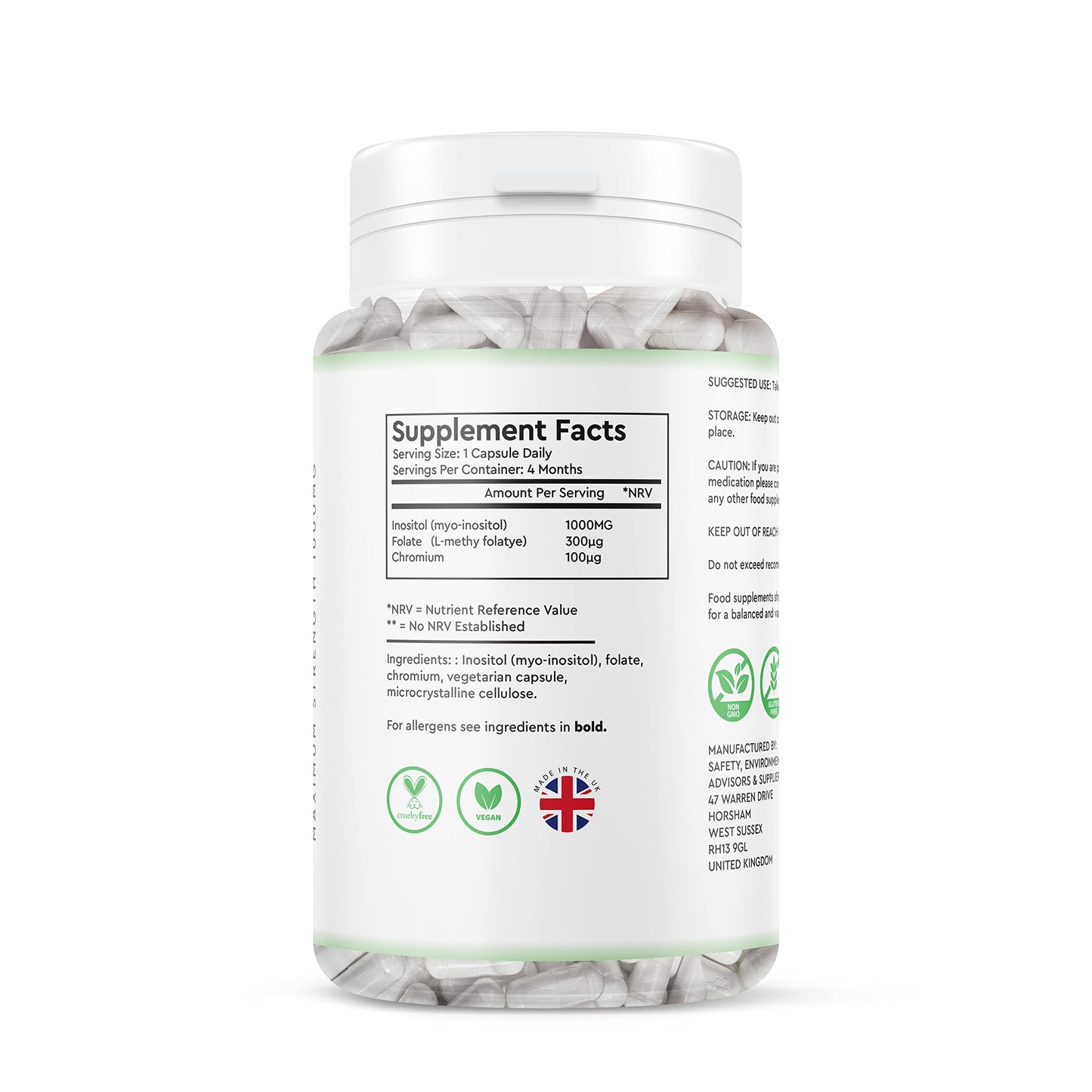 Inositol with Chromium & Folate 1000mg Vegan Capsules -120 Days Supply 4 Months - Vitamin b8 Vegan High Strength - UK Manufactured