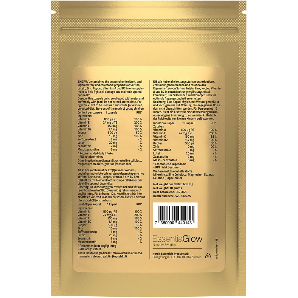 ESSENTIAGLOW Retina Saffron Vision + Capsule | for Eye Health & Vision Support | Natural Antioxidant | 30 Capsules