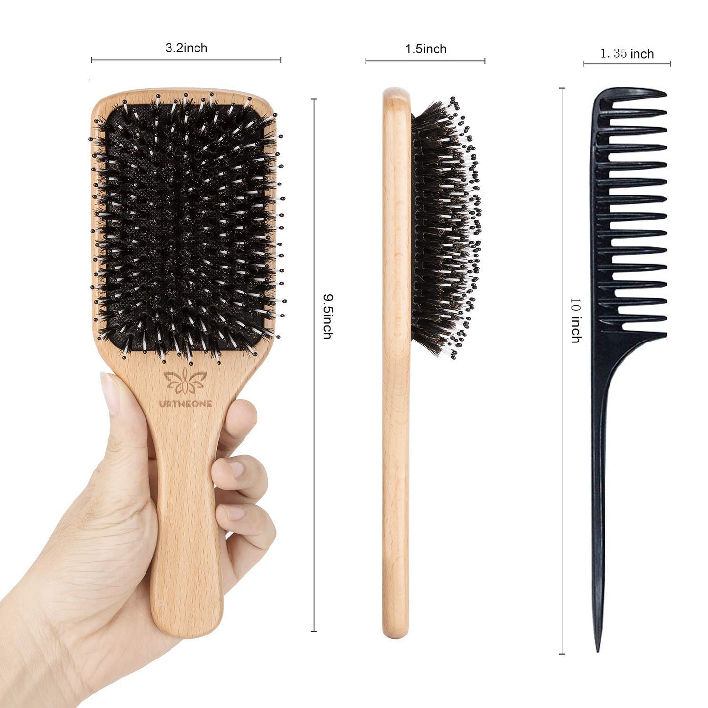 Hair Brush Boar Bristle Hairbrush for Thick Curly Thin Long Short Wet or Dry Hair Adds Shine and Makes Hair Smooth, Best Paddle Hair Brushes and Comb Set for Men Women Kids