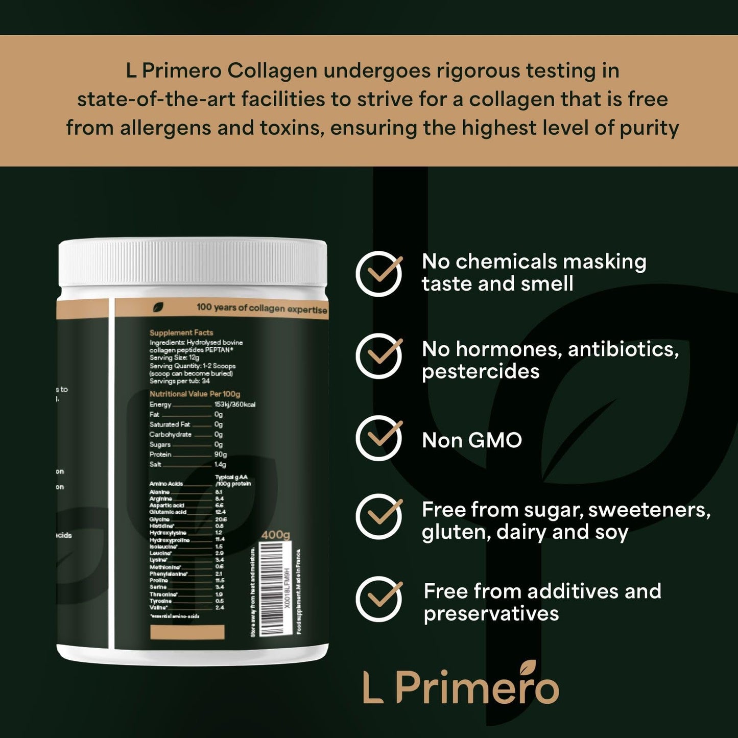 L Primero Collagen Peptides Powder 400g, Hydrolysed Unflavoured, Grass-Fed Bovine Bioactive Protein, Highly absorbable 18 Amino Acids, Keto