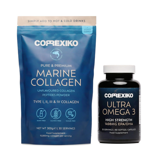 CORREXIKO Marine Collagen Powder & Ultra Omega 3 Supplement Bundle - 10,000mg Double Hydrolysed Collagen Peptides Per Serving & High Strength Omega 3 Capsules - for Hair, Skin & Nails - 30 Day Supply