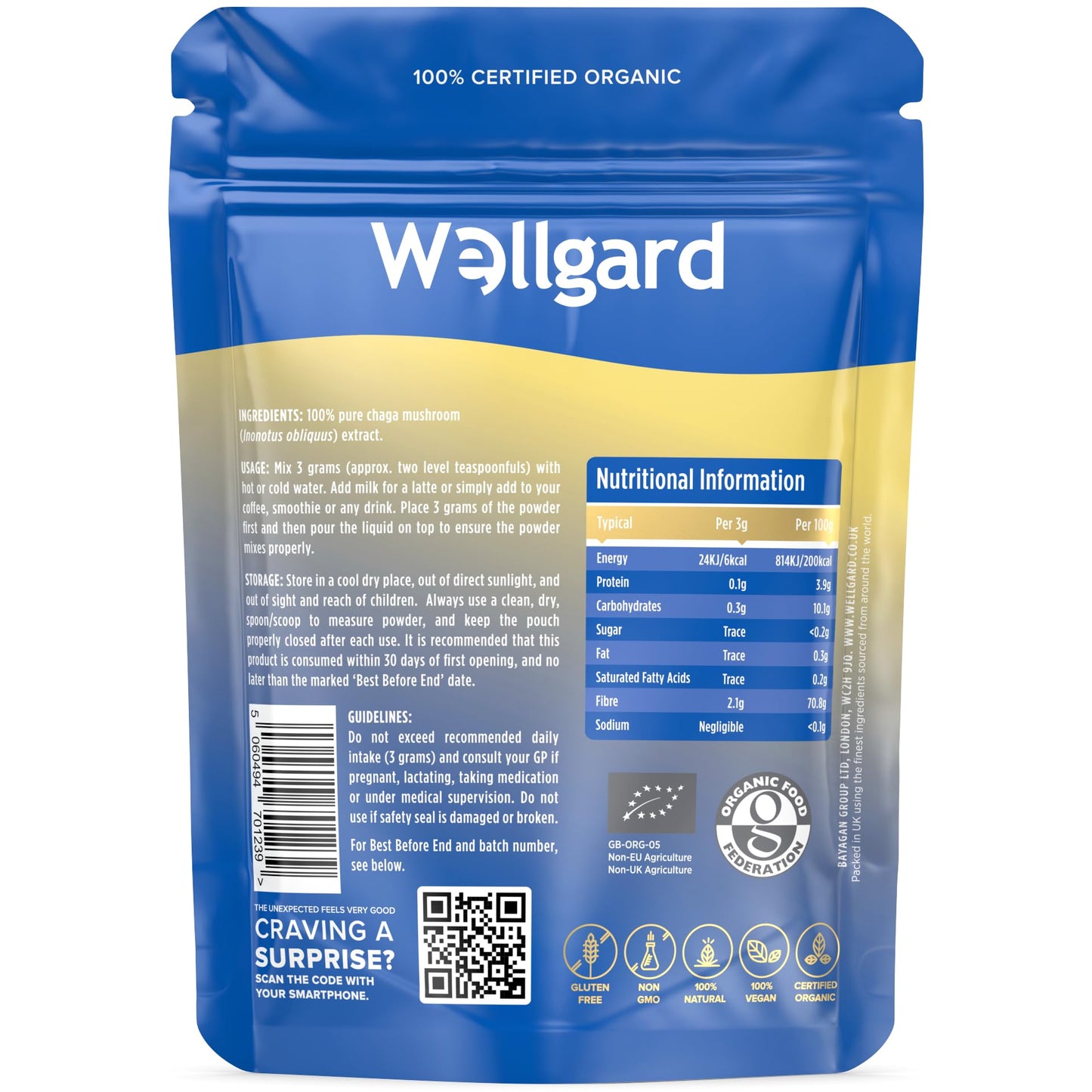 Wellgard Organic Chaga Mushroom Powder 90 Grams - Mushroom Supplement, Dual Extract, Easy to Use, Certified Organic