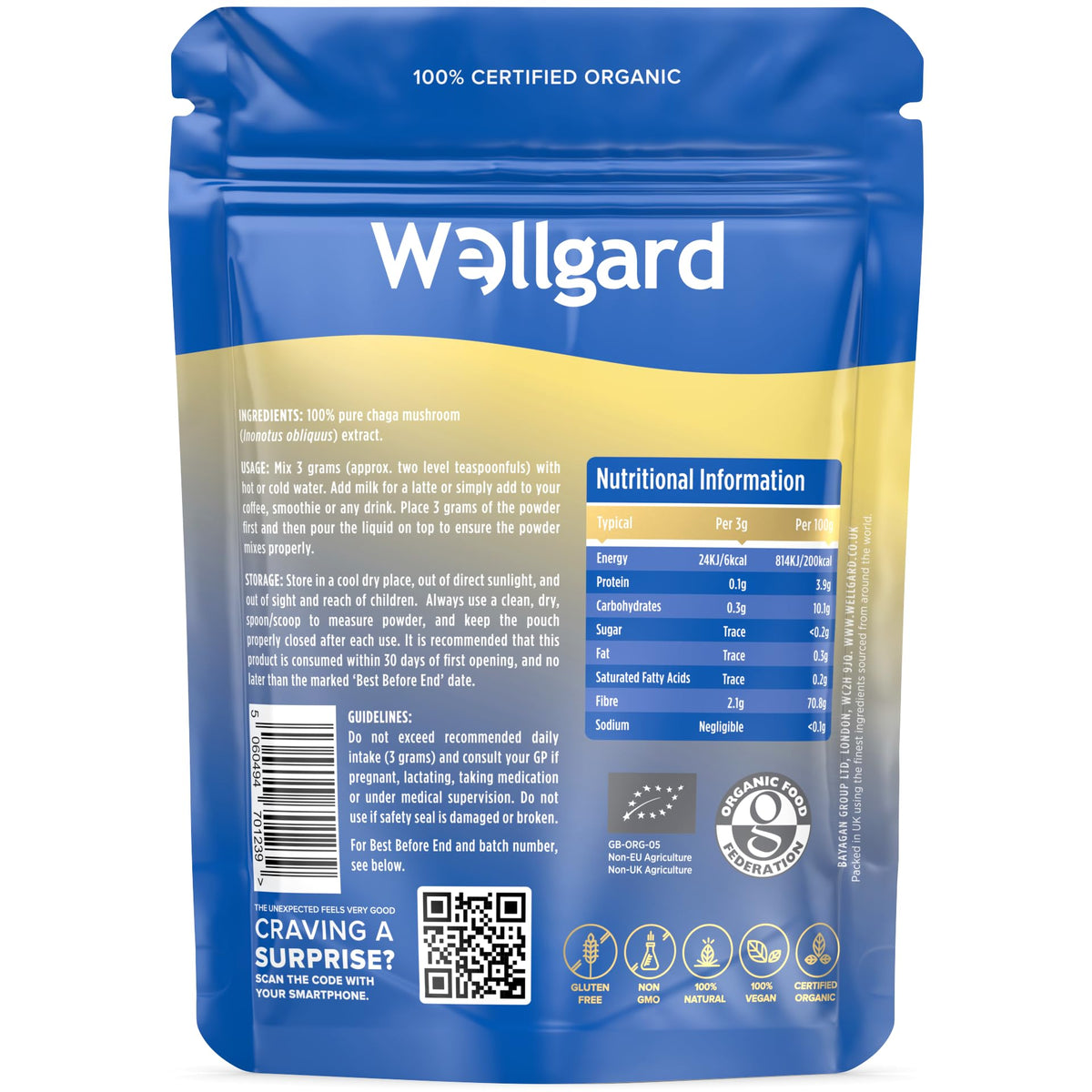 Wellgard Organic Chaga Mushroom Powder 90 Grams - Mushroom Supplement, Dual Extract, Easy to Use, Certified Organic