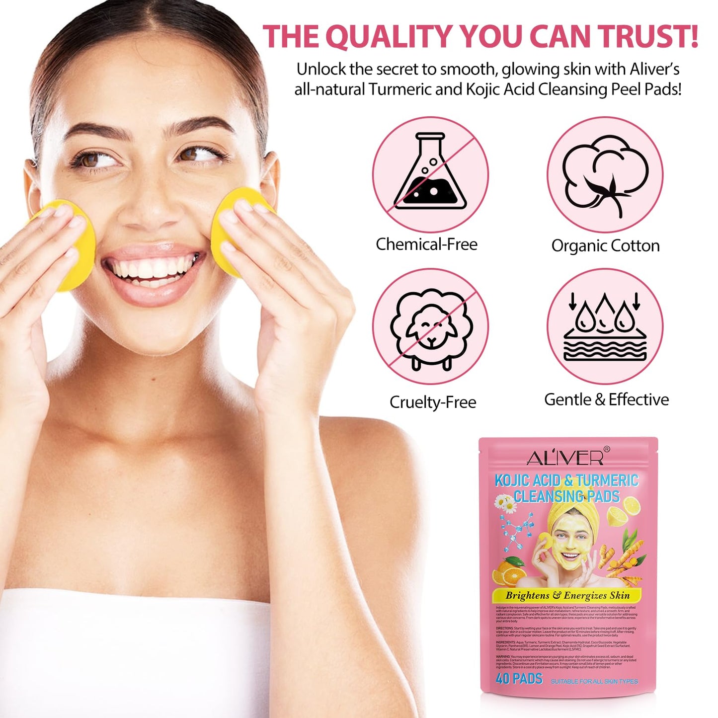 Generic Turmeric Kojic Acid Cleansing Pads 40Pcs, Turmeric Exfoliating Foaming Pads, Fight Acne, Balance Skin Oil And Water, Lighten Blemishes, Brightens Skin Tone, Safe For Sensitive Skin