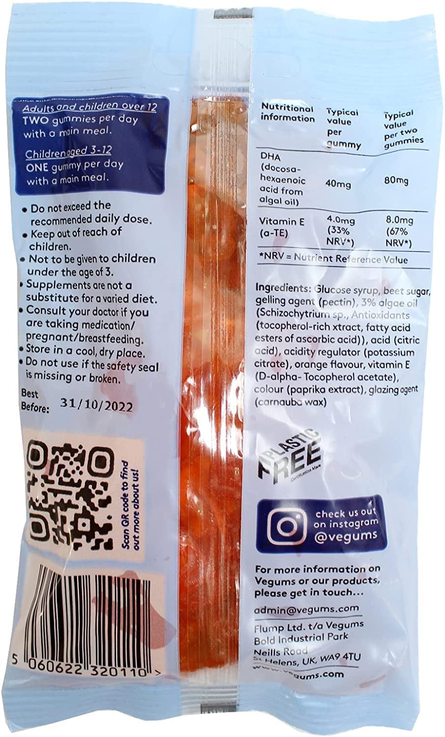 Vegums Fish-Free Omega-3 for Kids and Adults | 30 Orange-Flavoured Food Supplement Gummies with Omega-3 (DHA) Sourced from Marine Algae & Vitamin E | Suitable for Vegans and Vegetarians