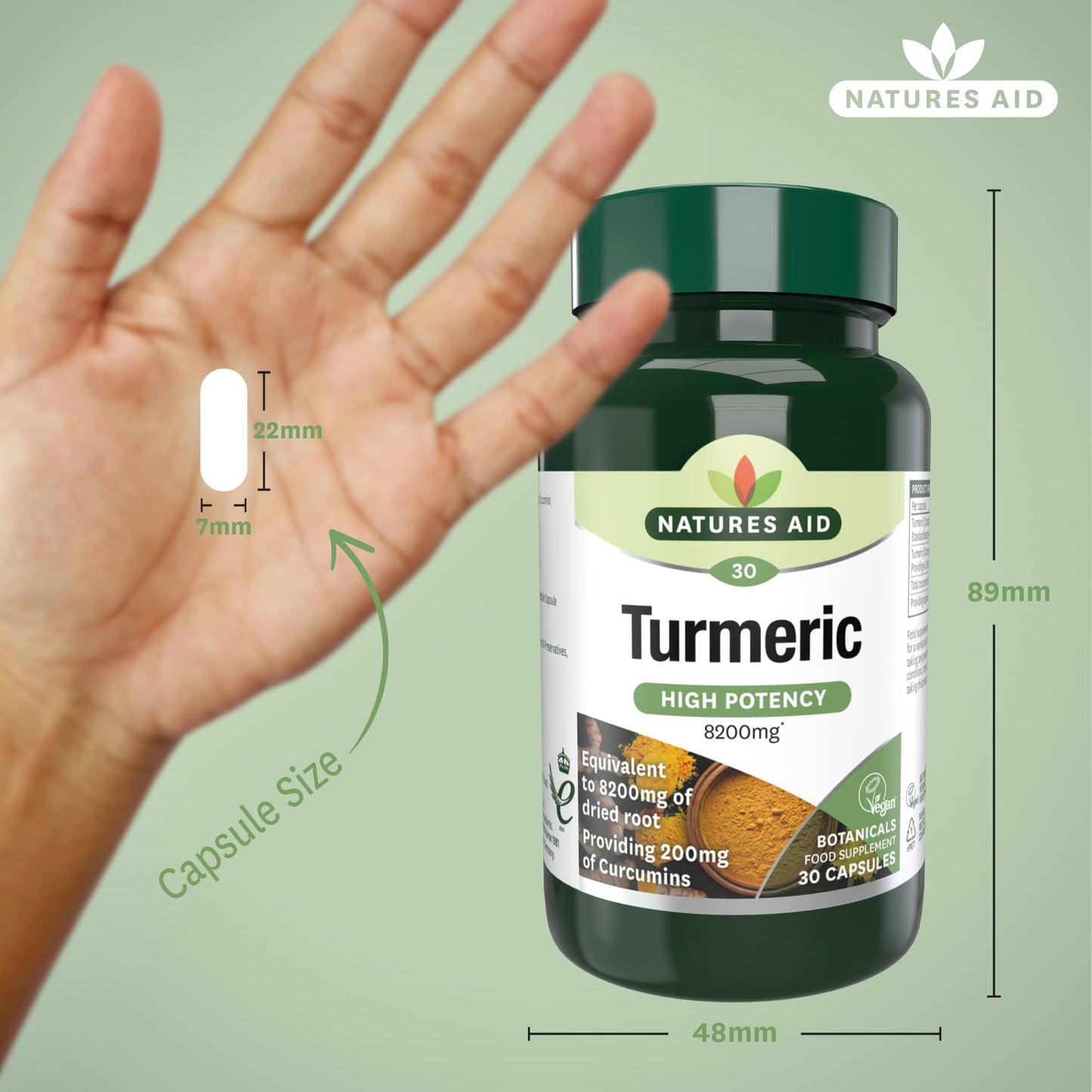 Natures Aid Turmeric 8200 mg, High Potency Extract plus Whole Herb, 200 mg Curcumins, Vegan, 30 Capsules