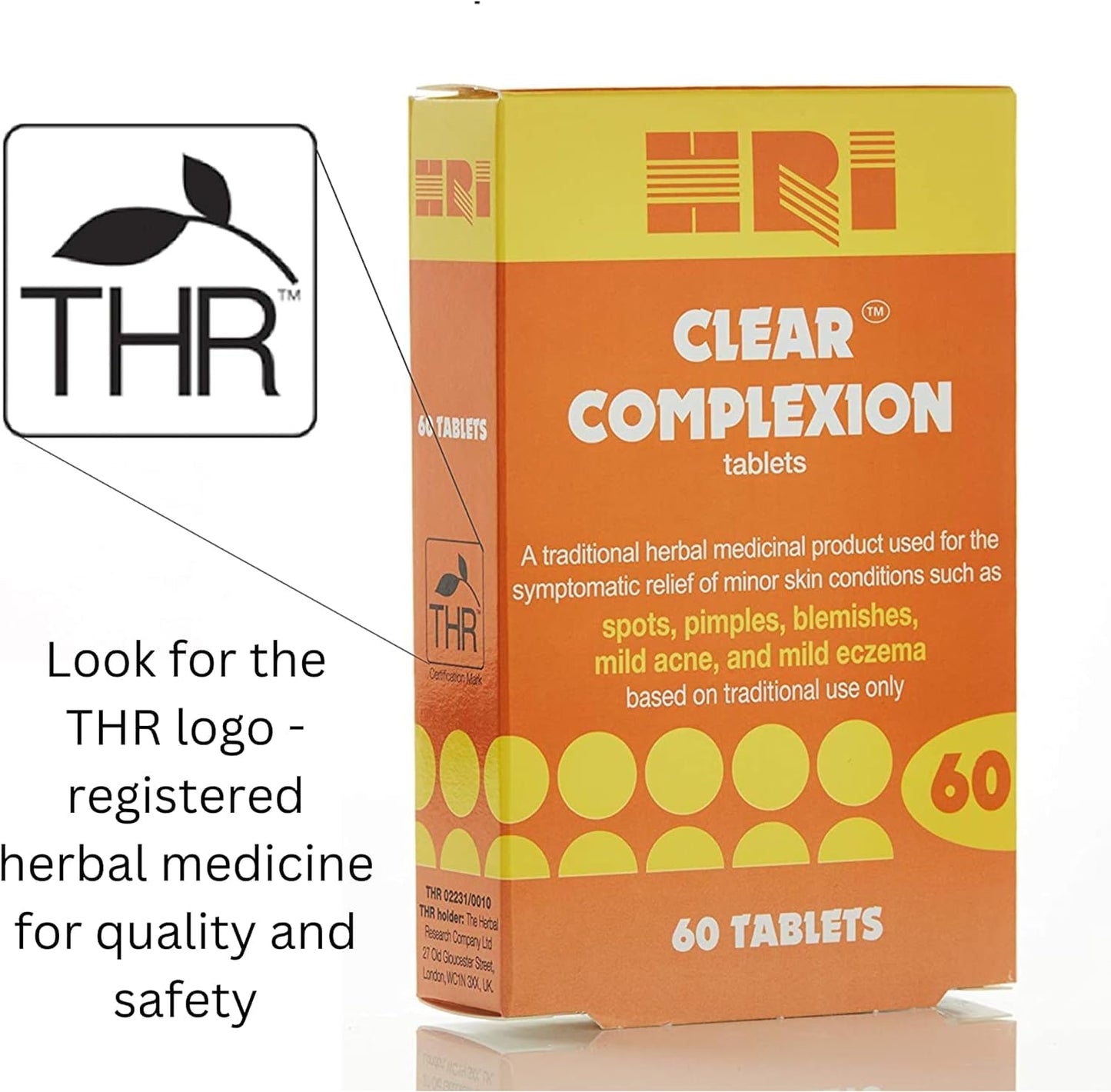 HRI Clear Complexion 30 Tablets - for Symptomatic Relief of Minor Skin Conditions Such as Spots, Pimples, Blemishes, Mild Acne, Mild Eczema. 1 Pack