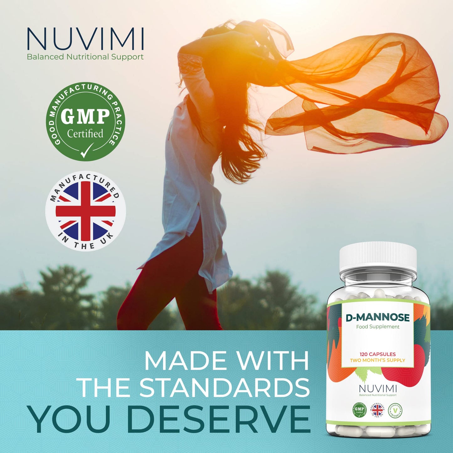 D Mannose 120 Capsules, 1000 mg per Dose, Promotes Urinary Tract Health, Natural Vegan UTI Defence by NUVIMI®