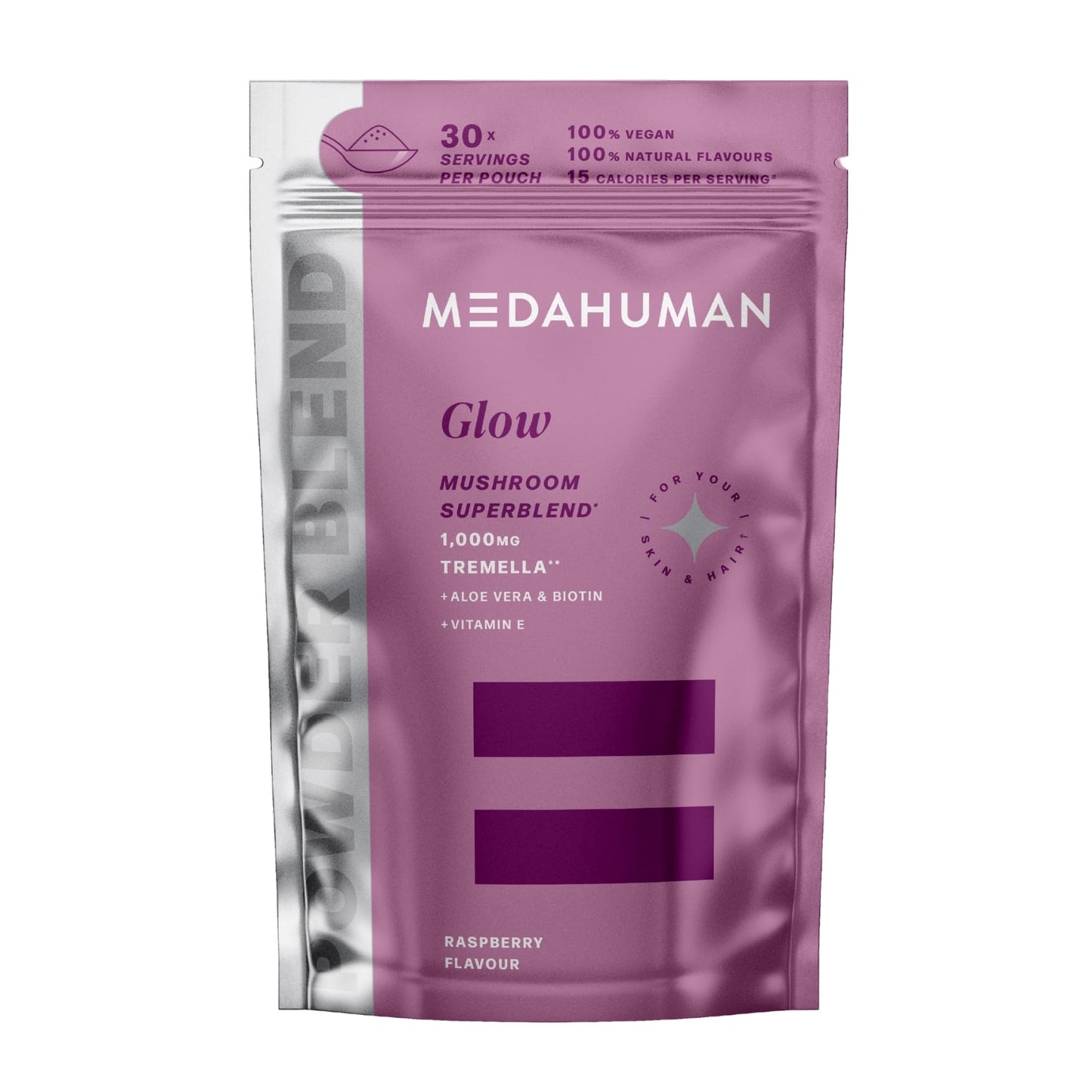 MEDAHUMAN Glow Mushroom & Adaptogen Superblend Powder, with Tremella Mushroom, Vitamin E, Biotin and Aloe Vera, to Promote Glowy Skin & Boost Collagen, Raspberry Flavour 1 x 150g