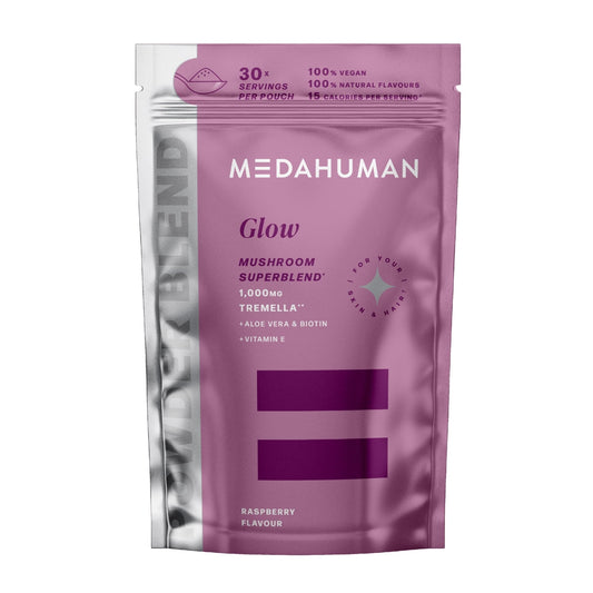 MEDAHUMAN Glow Mushroom & Adaptogen Superblend Powder, with Tremella Mushroom, Vitamin E, Biotin and Aloe Vera, to Promote Glowy Skin & Boost Collagen, Raspberry Flavour 1 x 150g