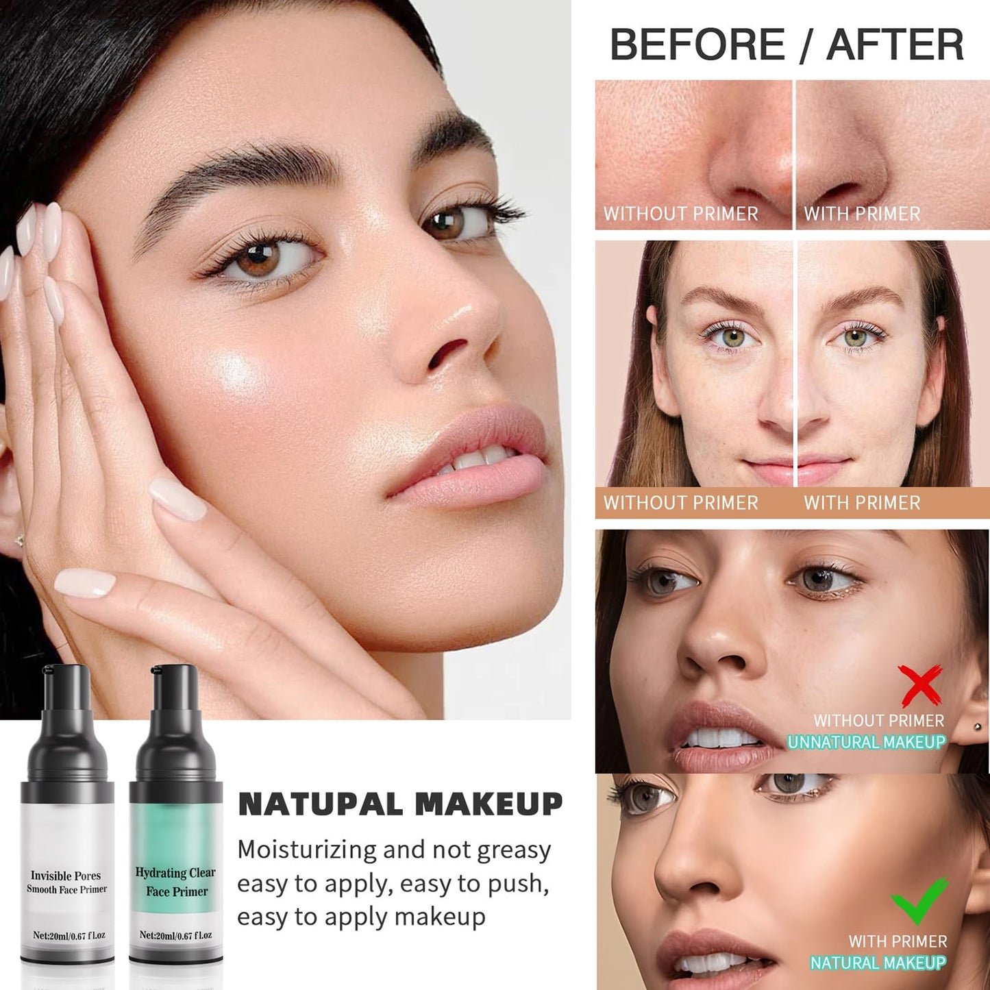 Skynest 2Pcs Poreless Smoothing Face Primer & Hydrating Face Primer,Restoring Makeup Primer For Flawless,Smooth Skin & Long-Lasting Makeup,Fills In Pores & Fine Lines,Vegan & Cruelty-free