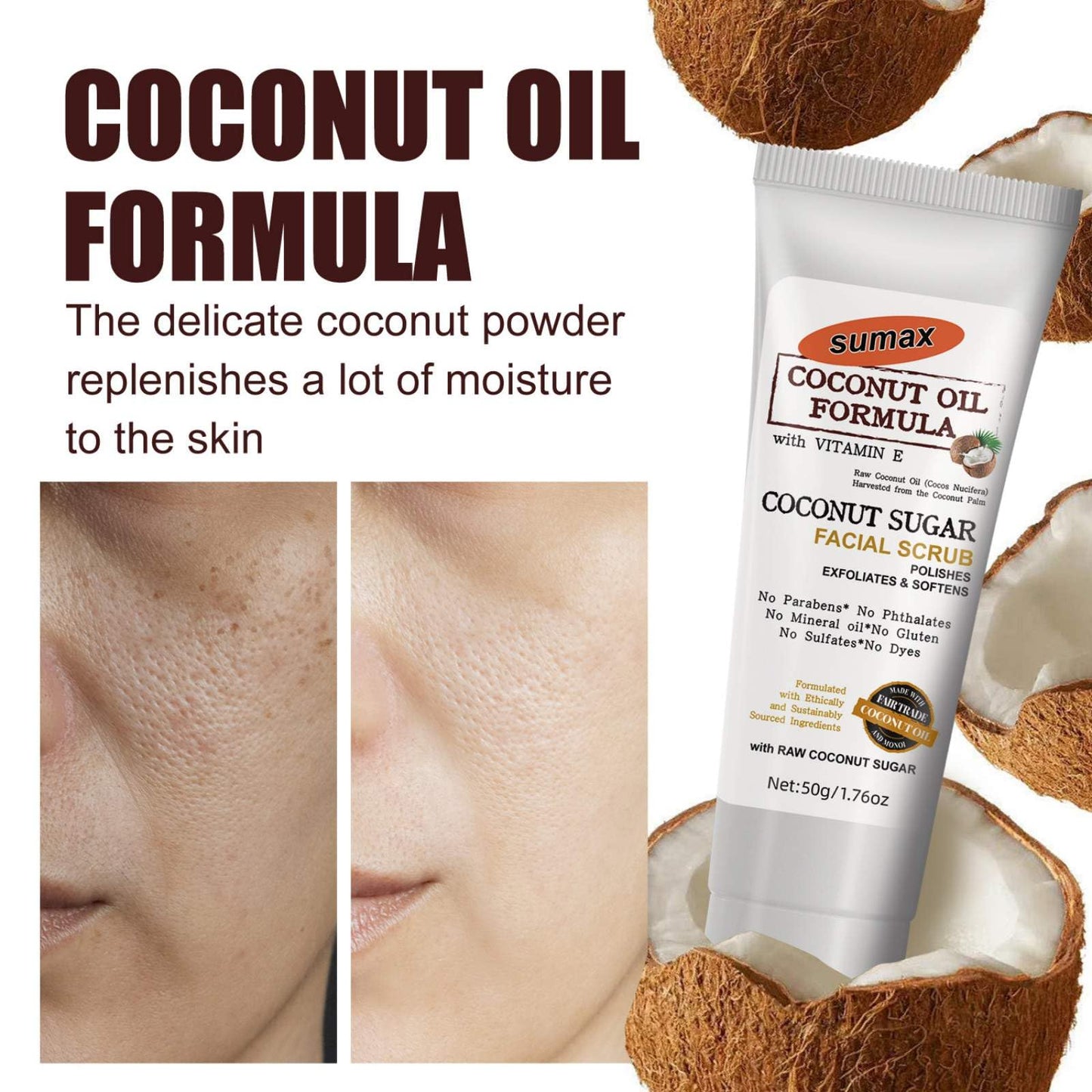 Grospe Coconut Oil Facial Scrub Exfoliator with Natural Essence Coconut Sugar Facial Scrub Gentle Cleansing Moisturising Rejuvenating Glowing Skin Coconut Oil Formula Face Scrub 50g