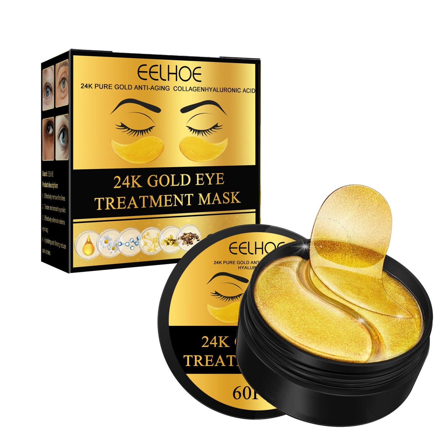 QUIWEN 24k Gold Eye Masks For Puffy Eyes & Dark Circles - Under Eye Mask Remove Eye Wrinkles, Collagen Eye Patches, Enhance Eye Areaimprove Gloomy, Brighthe, Hydrating(60pcs)