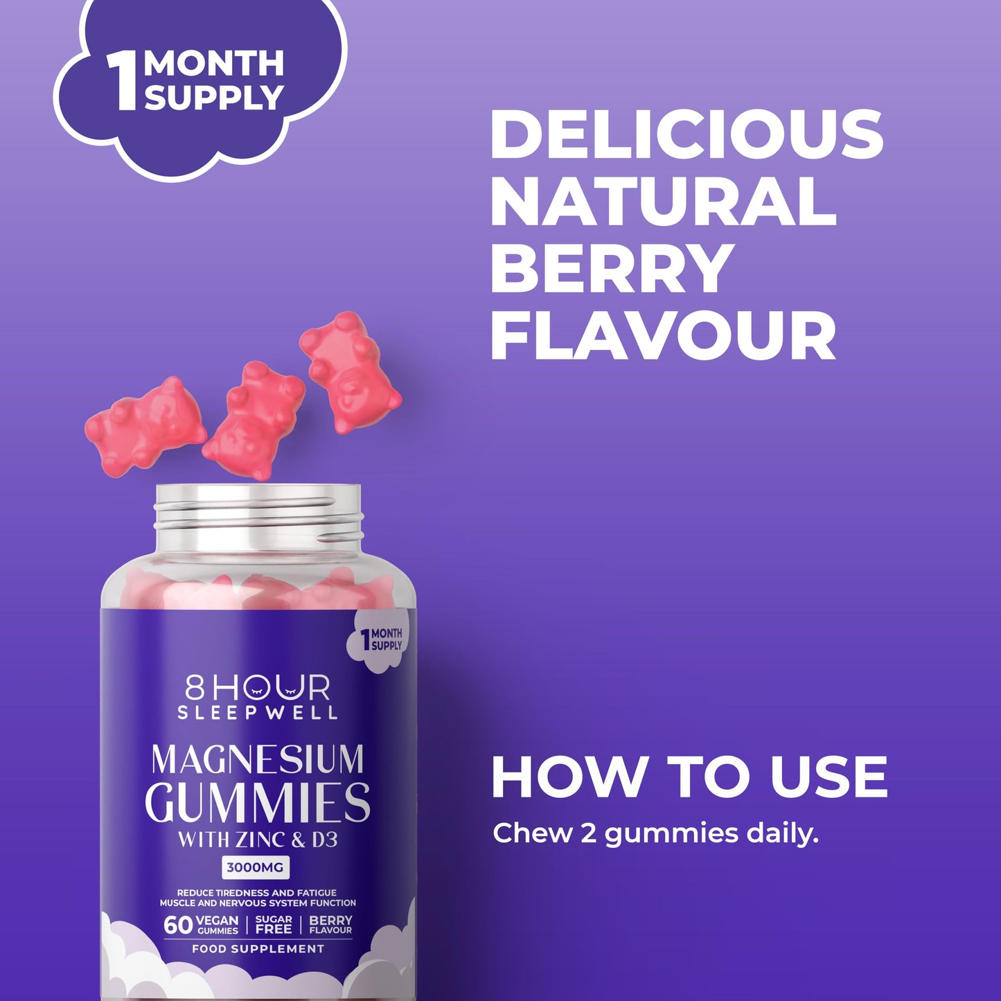 8 Hour Sleepwell 60 Vegan Chewable Magnesium Gummies for Adults -3000mg High Strength - Magnesium Citrate, Zinc & Vitamin D3-330mg Elemental Magnesium for Sleep, Muscle & Bone Support - by 8 HOUR SLEEPWELL