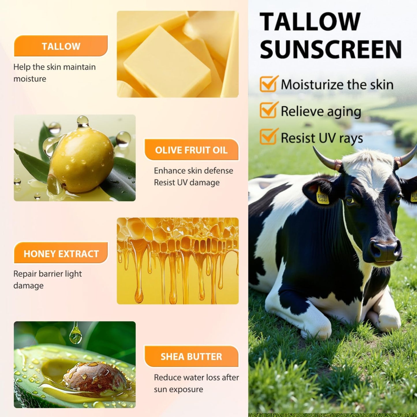 Organic Tallow Sunscreen - SPF 50 Natural Sunscreen - 100% Grass Fed Tallow Mineral Sunscreens - Beef Tallo_w Sunblock Factor 50 for Face & Body - Face Moisturizer for UV Protection