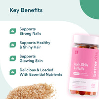 Bettervits Hair, Skin & Nails Gummies | Glowing Skin | Strong, Healthy Hair & Nails | Strawberry Flavour