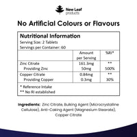 Zinc 50mg High Strength - Zinc Tablets with Copper, Pure Zinc Supplements Contributes Towards The Immune System, Bone Health and Fertility, Vegan, Non-GMO, Made in UK by New Leaf 120 Tablets