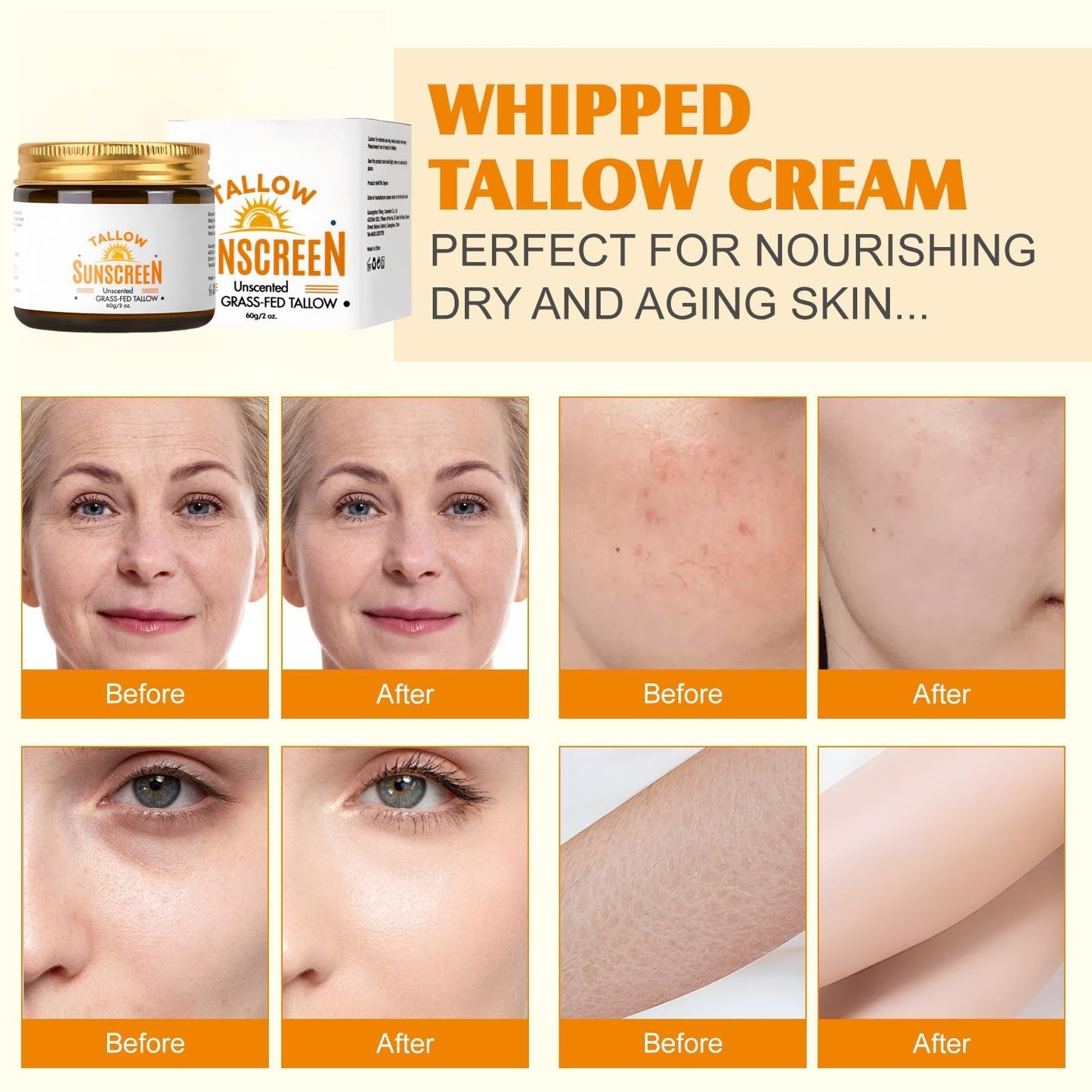 SingHao Beef Tallow Sunscreen SPF 50+,Natural Tallow Sun Cream for Face & Body,Tallow Balm Instant Sun Protection,Body Moisturiser for Dry Skin,SPF 50 Face Moisturiser,Light Texture,Natural Ingredients