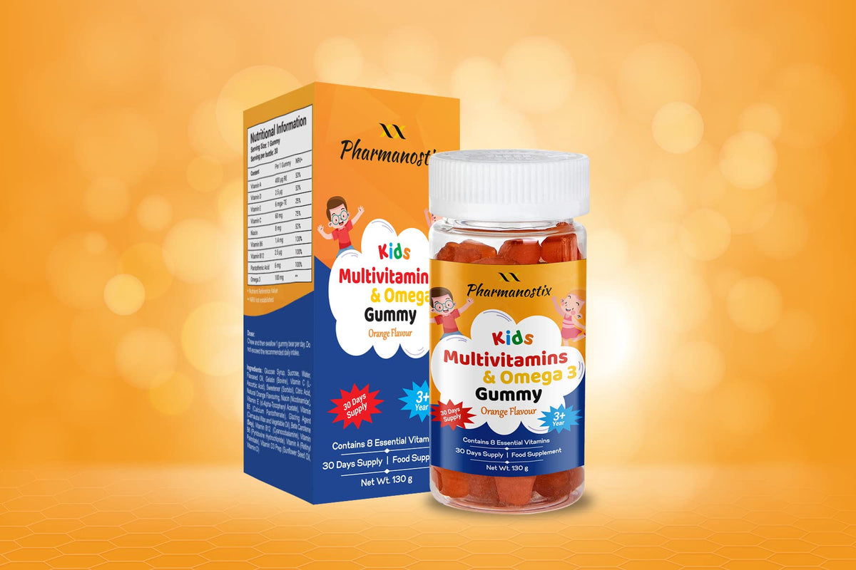 Pharmanostix Chewable Multivitamin & Omega3 Bear Gummies for Kids - Children's Orange Flavour - Age 3 Upward- Omega 3 Supplement, with Vitamin C, A, B, D & Vitamin E. (60 Gummies)