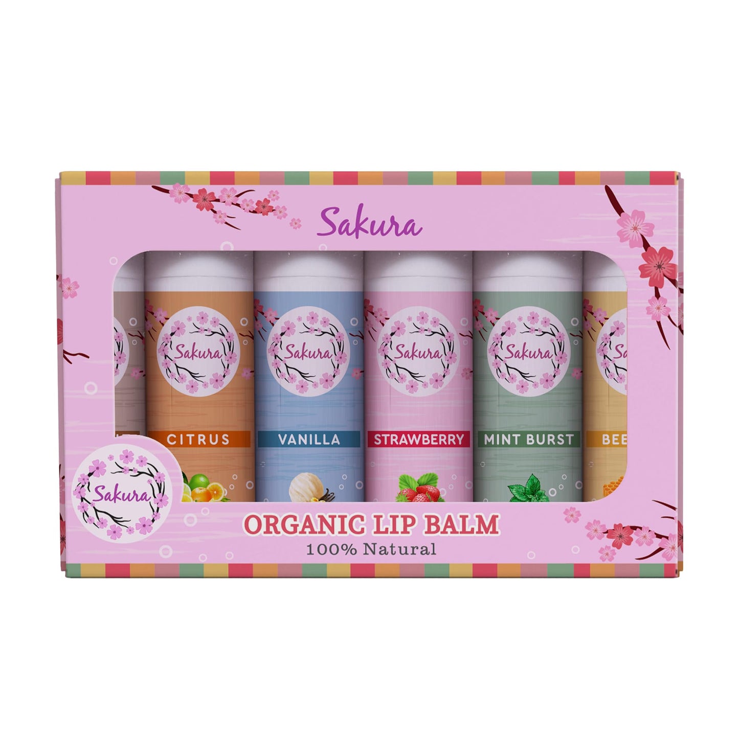 Generic Sakura Organic Lip Balm Set, 100% Natural, 6 Flavours - Strawberry, Citrus, Vanilla, Mint Burst, Beeswax and Coconut