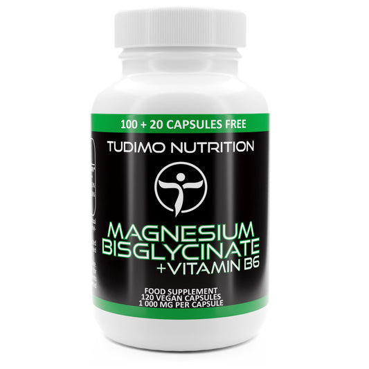 TUDIMO Magnesium Bisglycinate Vegan Capsules and Vitamin B6 – 200mg of Elemental Magnesium with Vit B6 – 120 pcs (4 Month Supply) of Rapidly Disintegrating Caps, 200 mg of Magnesium Mineral + B6 Powder