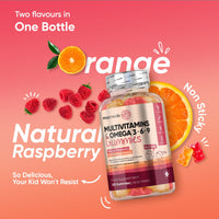 Multivitamin for Kids - 120 Natural Raspberry & Orange Flavour Chewable Gummies (2 Month Supply) - Low-Sugar Kids Vitamins Multivitamins with Zinc & Omega 3, 6 & 9 - Vegetarian Vitamins for Kids