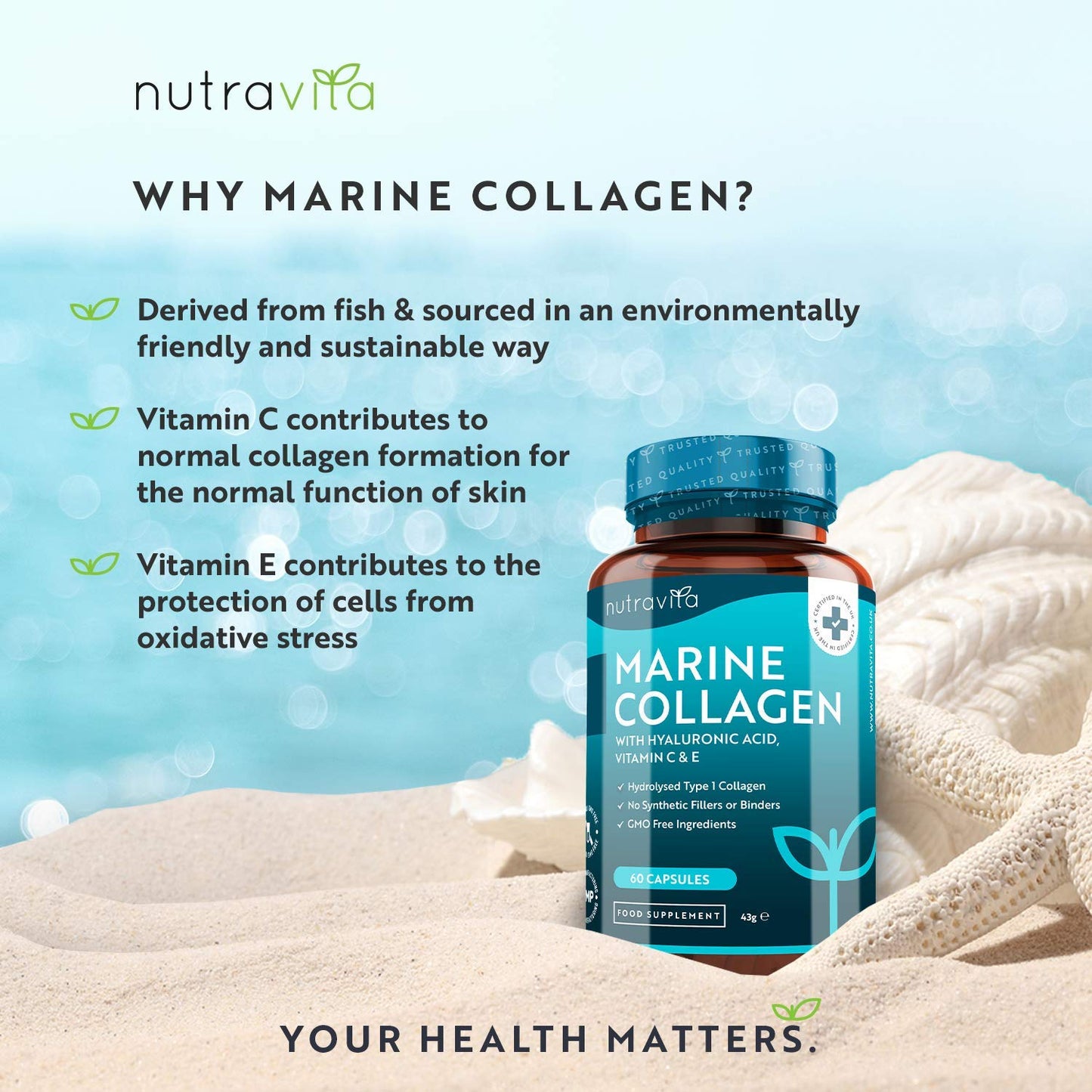 Marine Collagen 1000mg - 60 Capsules of Superior Type 1 Hydrolysed Collagen - Enhanced with Hyaluronic Acid, Vitamin C, Vitamin E, Vitamin B2, Zinc, Copper and Iodine - Made in The UK by Nutravita