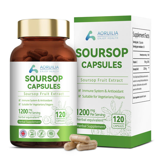 Aoruilia Soursop Capsules with Vitamin C - 1200mg Soursop per Serving - Soursop Fruit Extract Capsules for Immune & Antioxidant, Herbal Supplement for Men & Women, Natural & Vegan - 120 Capsules