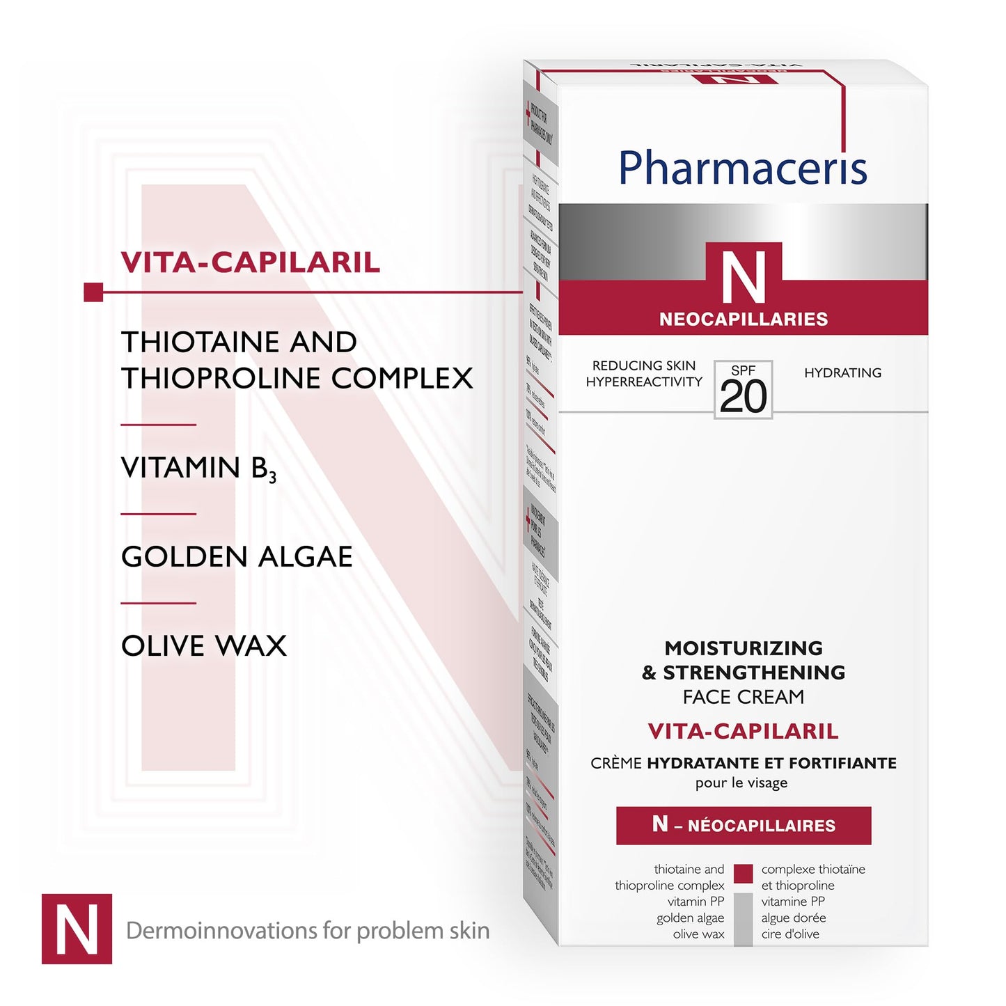Pharmaceris N Vita-Capilaril, Moisturizing and Strengthening Face Cream SPF 20, Reduces Redness, Face Moisturiser for Couperose Skin, Vitamin PP - 50 ml