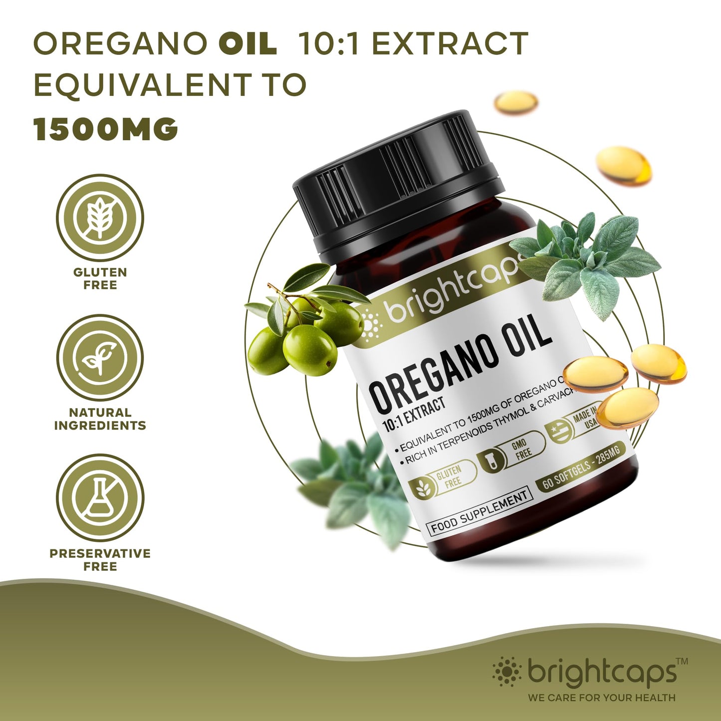 Wild Oregano Oil - Extract 10:1 Equivalent to 1500mg - High in Carvacrol & Thymol - 60 Softgels