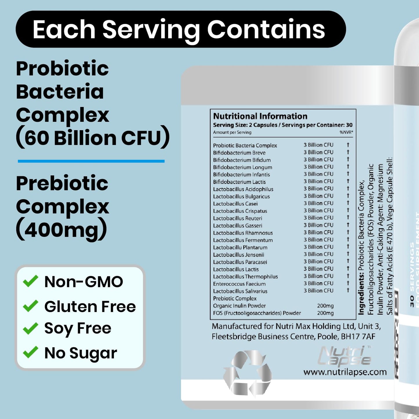 Nutri Lapse Bio Culture Probiotics Complex, 60 Billion CFU, Advanced Granular Biotechnology Capsules Slow-Release Maximum absorbtion for Gut Health.