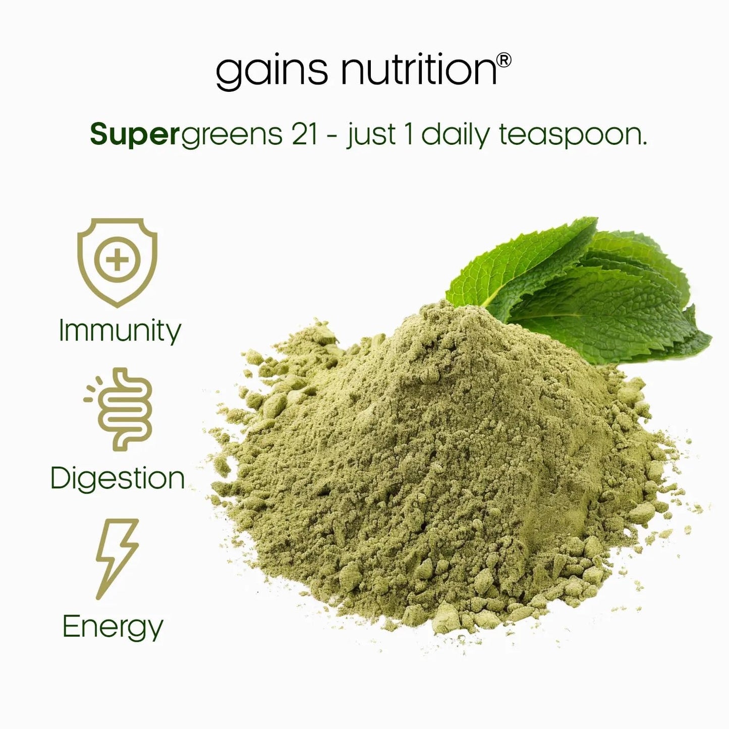 Gains Nutrition GN Super Greens 21 Powder (150g) with KSM-66 Ashwagandha, Actazin & Livaux Golden Kiwi, Alfalfa & More | Superfood - Pineapple Flavour Supergreens | Made in The UK