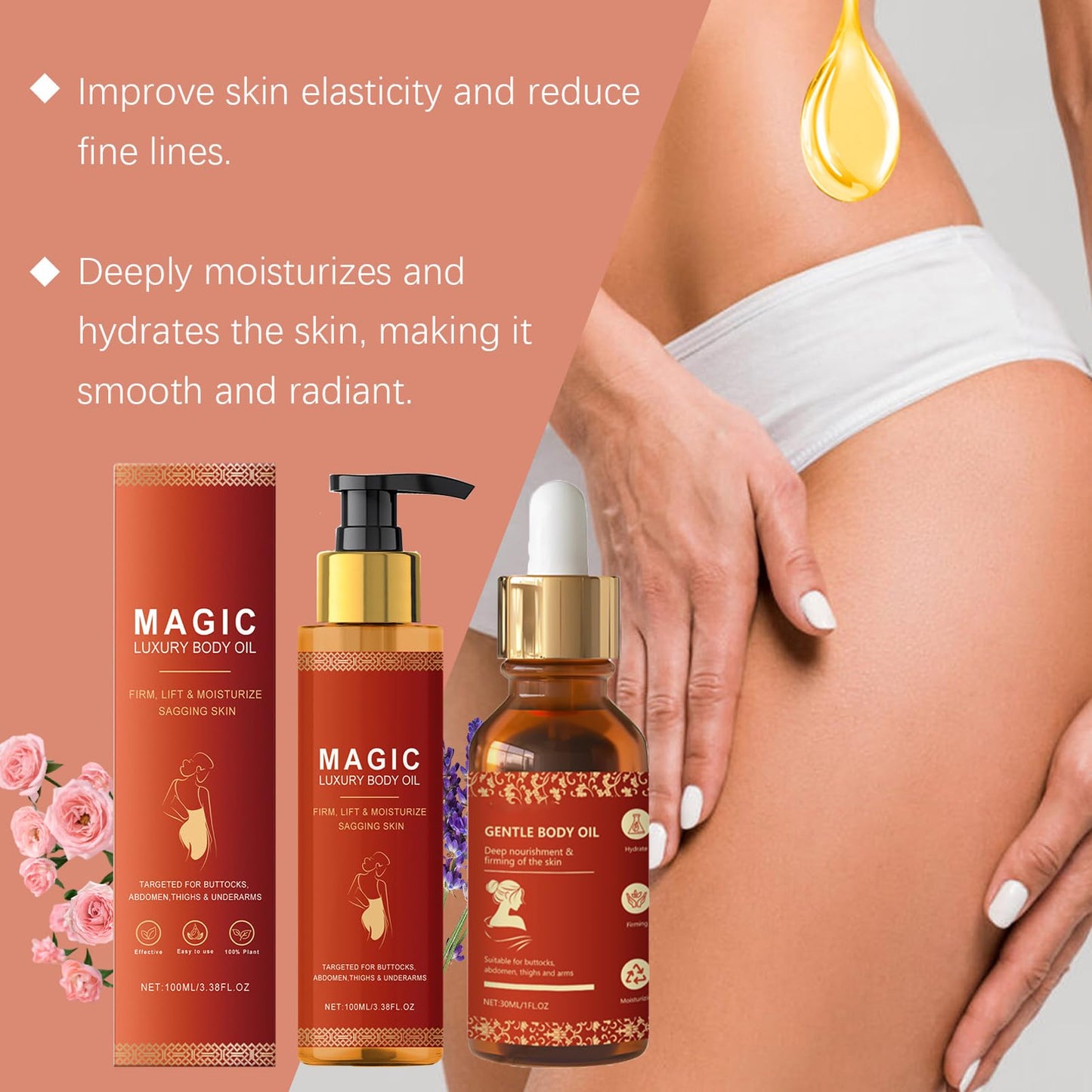 Body Firming Oil,Glow Essence Magic Body Oil,2PCS Magic Luxury Body Oil,Body Moisturizing Oil & Firming Serum,Hydrating Skin Lotion For Dry Skin,Smooth &Lifting Sagging Skin-Quickly Absorb(100ML+30ML)