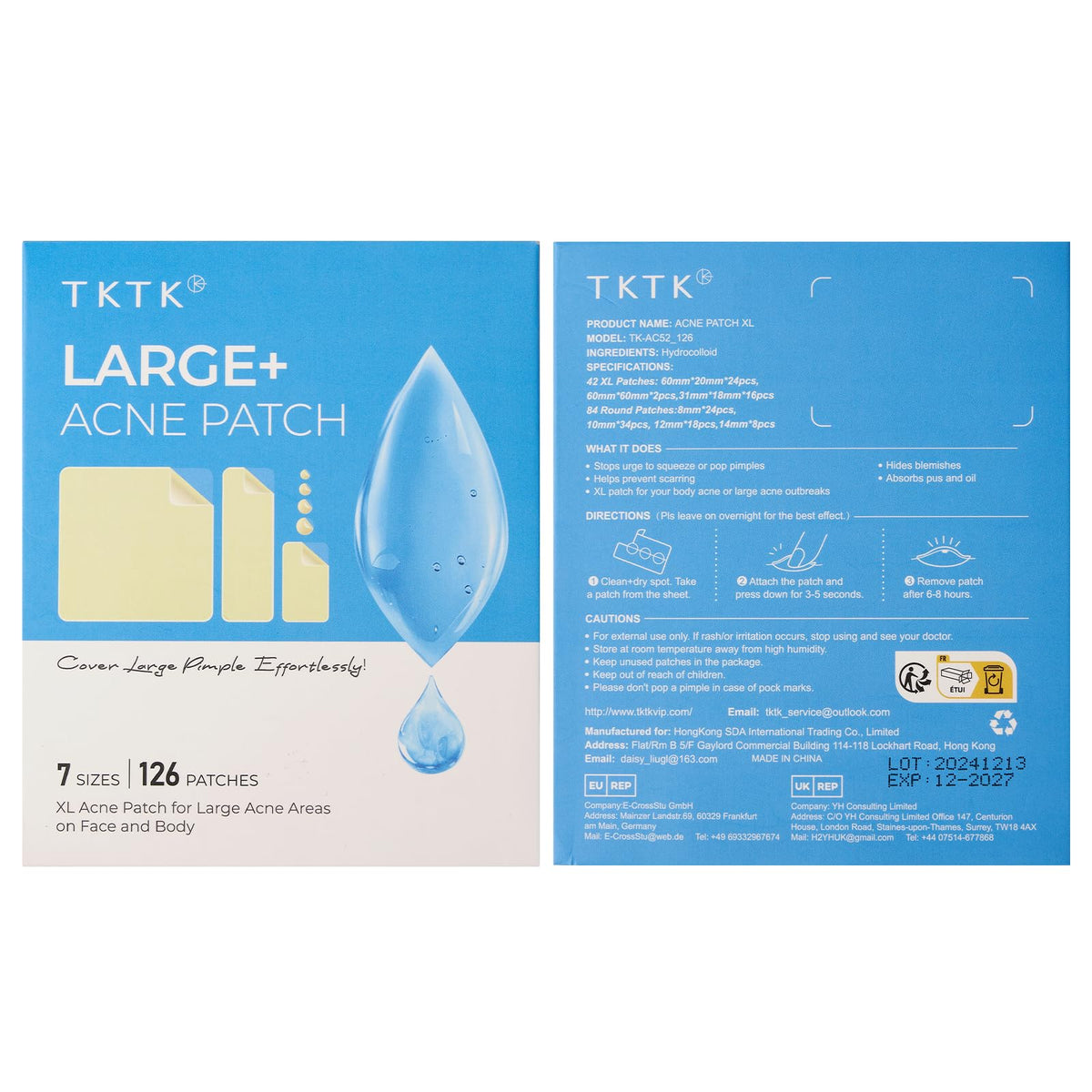 TKTK Large Pimple Patches for Face, 7 Sizes XL Acne Patches, Big Hydrocolloid Bandages for Body, Chin, Forehead, Chest, Back Zit Breakouts, Hydrocolloid Patch (7 Sizes 126 Count)
