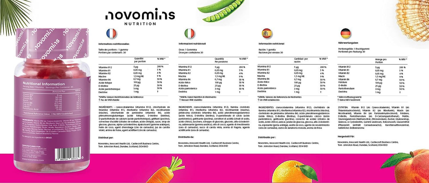 Kids Vitamin B12 Gummies - Energy & Metabolism Support Supplement - 30 Chewable Childrens B Complex Supplements – Vegan, Non-GMO - Enriched with Vitamin C, B1, B2, B6, Biotin - Made by Novomins