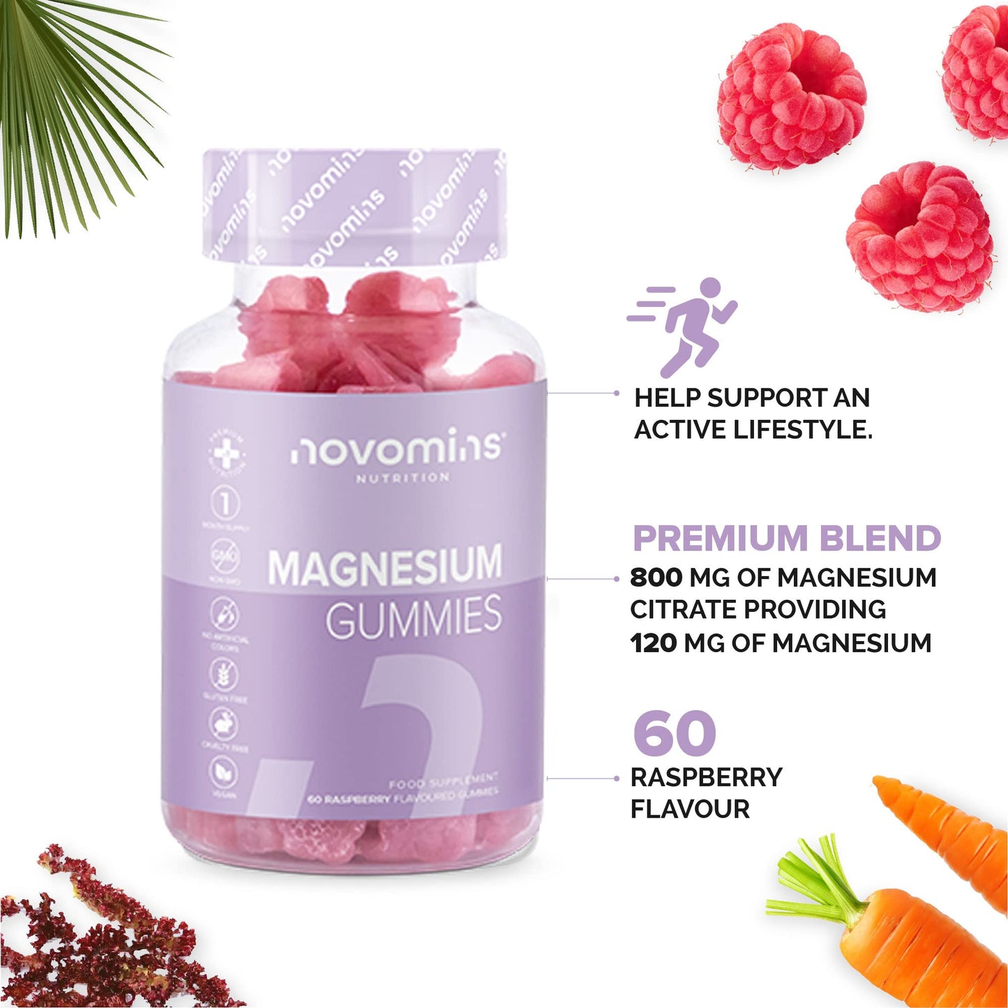 Magnesium Gummies - Vegan - 1 Month Supply - Gluten Free - Chewable Magnesium Supplements - 800mg Magnesium Citrate Providing 120mg of Magnesium - Made by Novomins