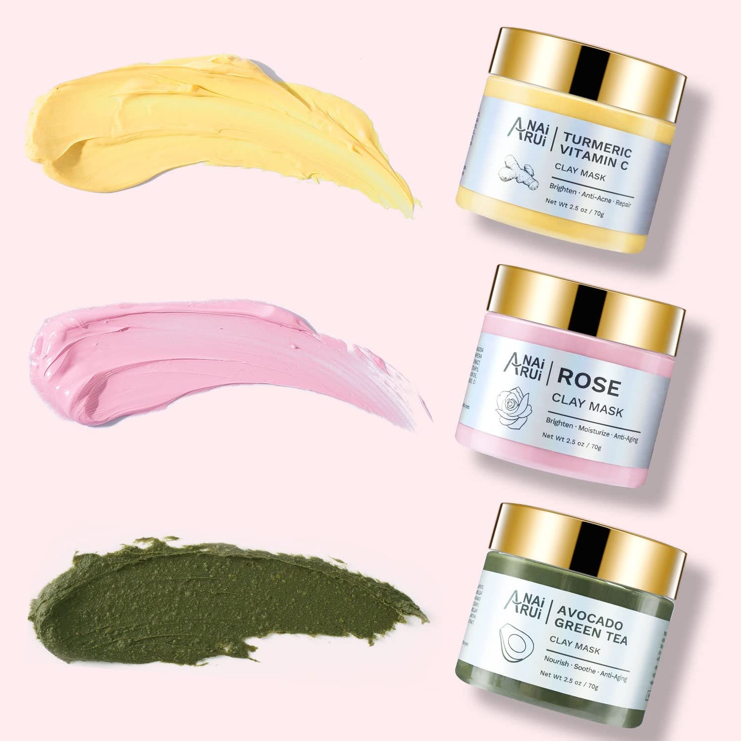 ANAiRUi Clay Mask Set for Skin Care - included Turmeric Vitamin C + Rose + Avocado Green Tea Face Mask - Deep Cleansing, Hydrating, and Nourishing - Reduces Acne and Pores, 210g
