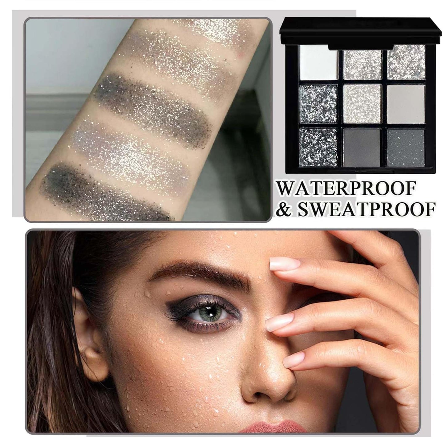 Yongst 9-Color Smokey Eyeshadow Palette - Intense Matte & Glitter Shades, Long-Lasting & Waterproof, Blendable Black, Silver & Gray Shadows for Sultry Glam Looks. Not Easily Caked
