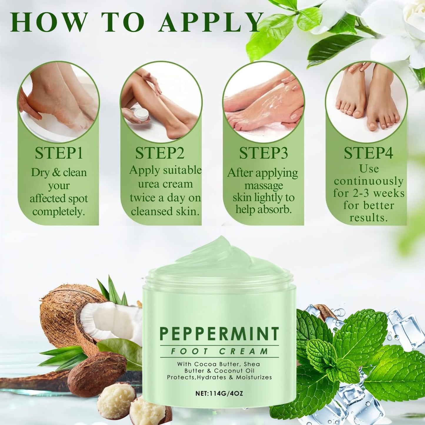 IZBEAUVO Peppermint Foot Cream for Cracked Heels and Dry Skin – Deep Moisturising athletes foot treatment with Shea Butter & Coconut Oil – Cooling Relief for Athletes Foot, Calluses & Hard Skin – 114G