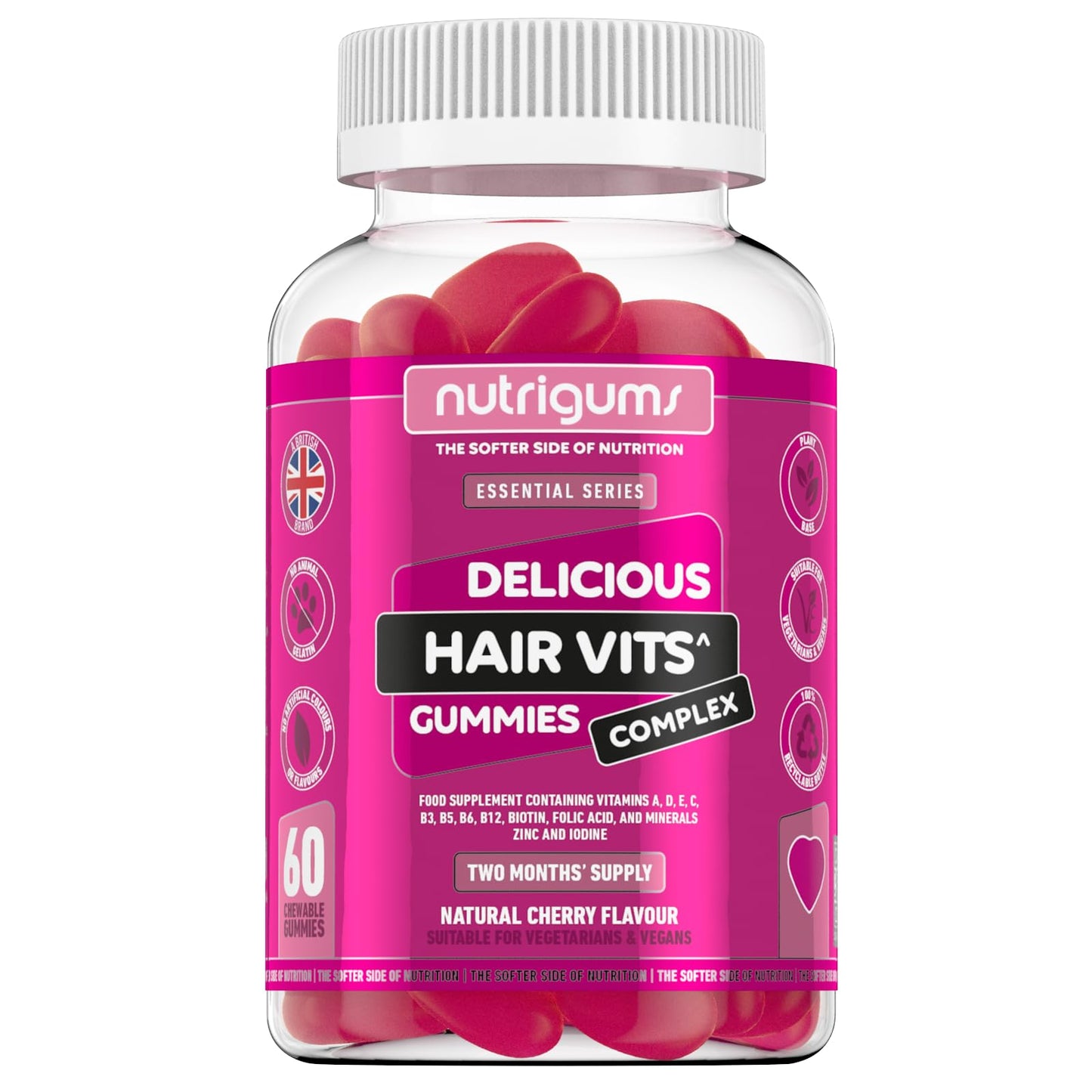 Hair Vitamin Biotin Complex Gummy | Cherry Flavour | 60 Vegan Gummies | Multivitamin Supplement containing Biotin, Vitamin C, Folic Acid and Zinc | Maintain Healthy Hair Growth by NUTRIGUMS®