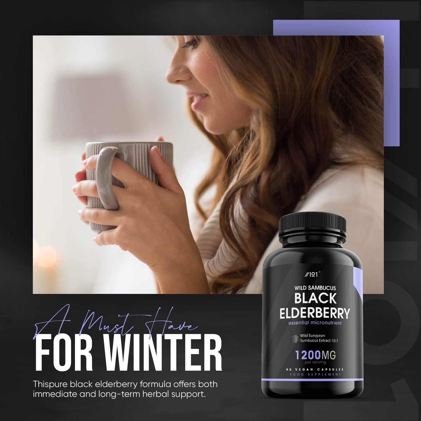 ALPHA01 Black Elderberry Extract Capsules - 1200mg - Wild European Sambucus Extract 10:1 for Immunity - Vegan, Non-GMO, Kosher, Gluten Free. 90 Vegan Capsules.