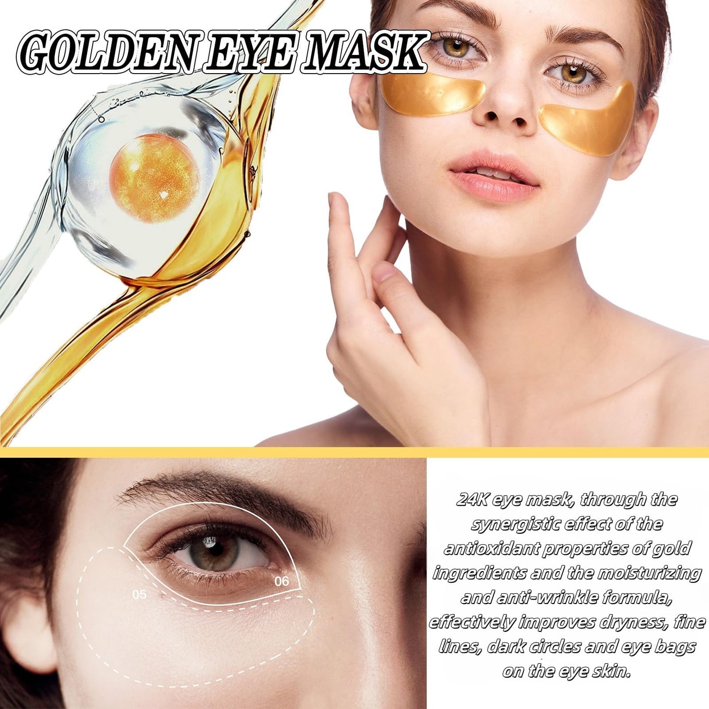 GUOUURR 24K Gold Collagen Eye Patches for Puffy Eyes & Dark Circles Treatment - 30 pairs Hydrating Anti-Aging Skincare Masks, Revitalizing Brightening Under Eye Care