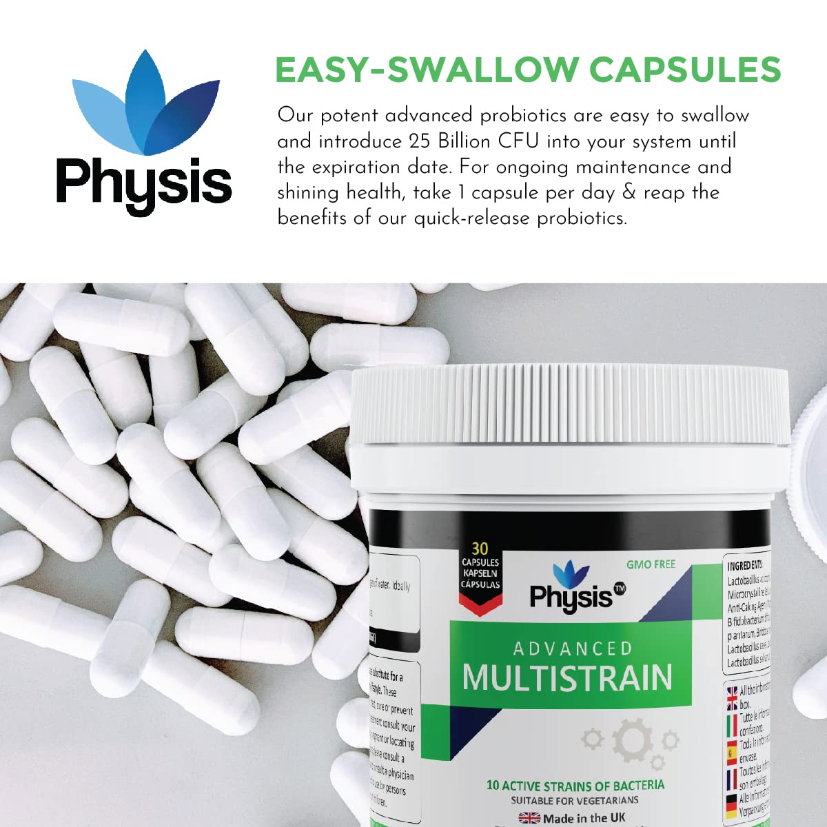 PHYSIS Advanced Probiotics | 10 Capsules (5 Day Antibiotic Treatment) | 25 Billion CFU Probiotic | Bloated Stomach Relief Tablets | Probiotics for Gut & Digestion | Probiotics for Women & Men