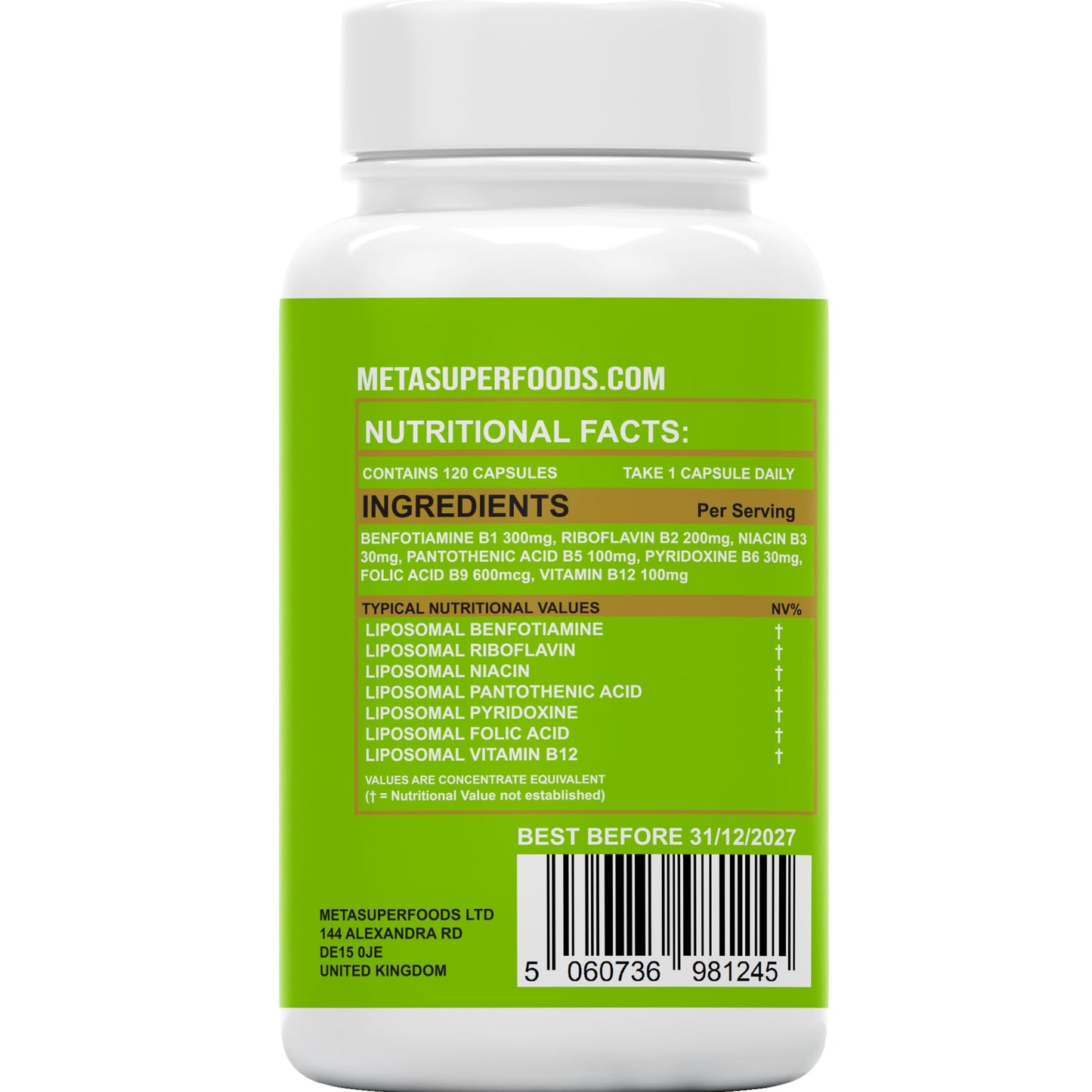 MetaSuperfoods Liposomal Benfotiamine and Thiamine B1 | High Strength 600mg | 120 Vegan Capsules | Fat Soluble for Heart & Kidney | Eye & Nerve Repair | All Natural