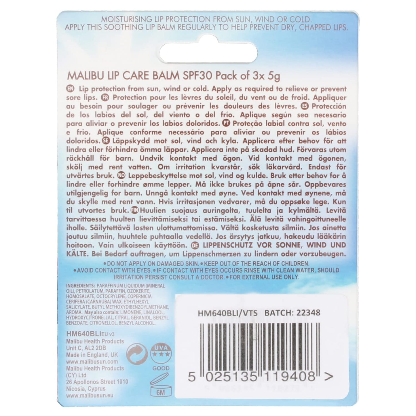 Malibu Sun SPF 30 Lip Balm Sunscreen, Vanilla, Tropical, Strawberry 3 x 5g